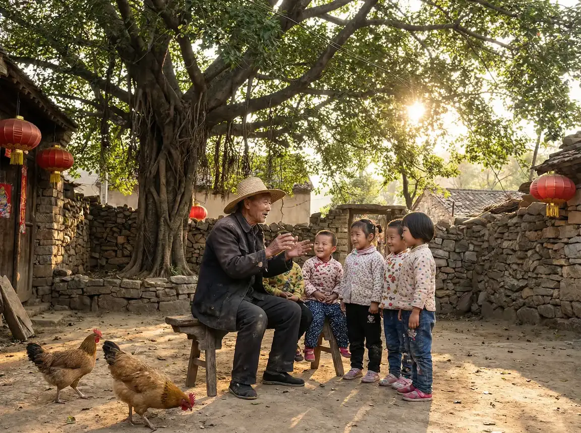 老人在大榕树下给孩子们讲故事 - 晚上睡不着看点害羞的东西 乡村记忆